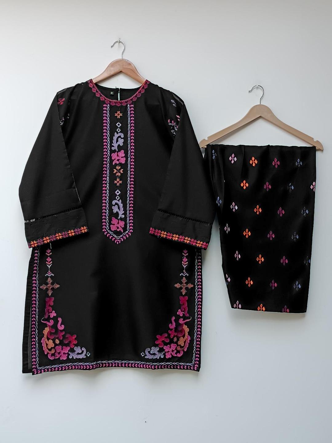 Black embroidered cotton kurta and trouser set front view