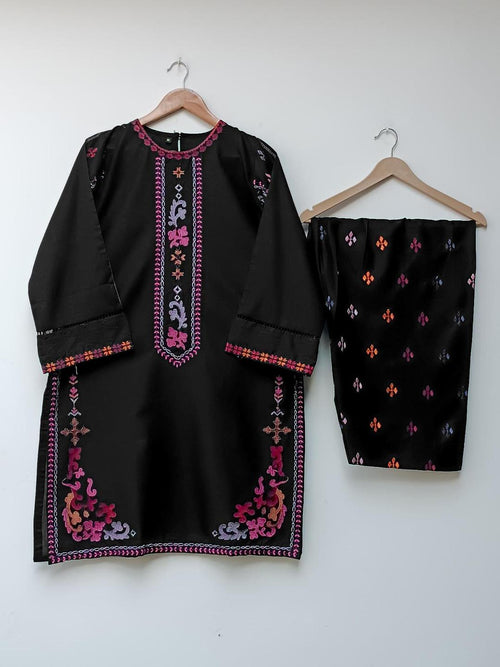 Black embroidered cotton kurta and trouser set front view