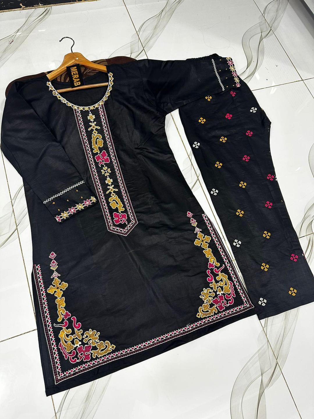 Black embroidered cotton kurta and trouser set alternate view