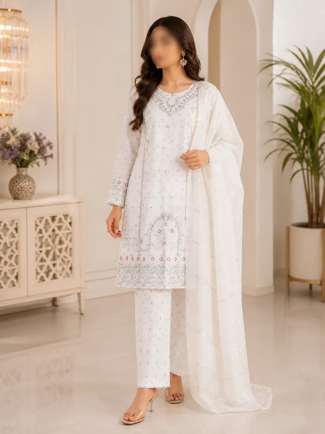 White embroidered cotton lawn 3-piece suit front view