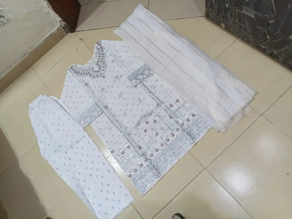 White embroidered cotton lawn 3-piece suit alternate view
