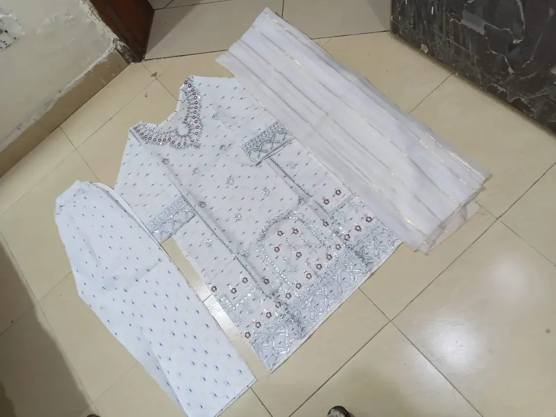 White embroidered cotton lawn 3-piece suit alternate view