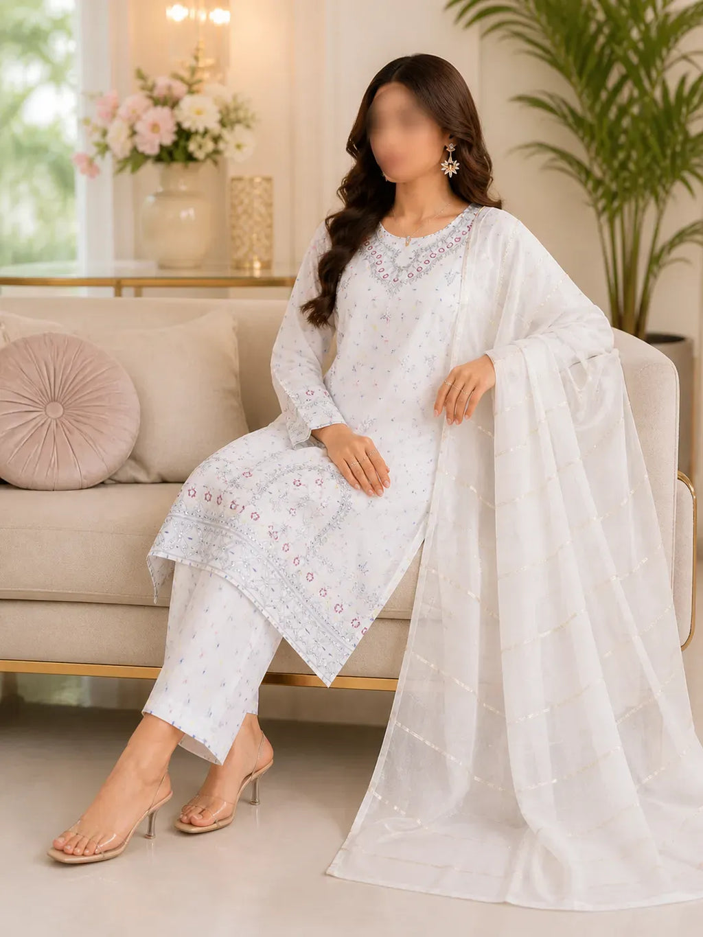 White embroidered cotton lawn 3-piece suit detail view