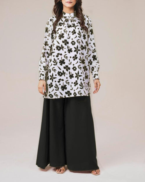 Black and white floral lawn kurta trouser set front view