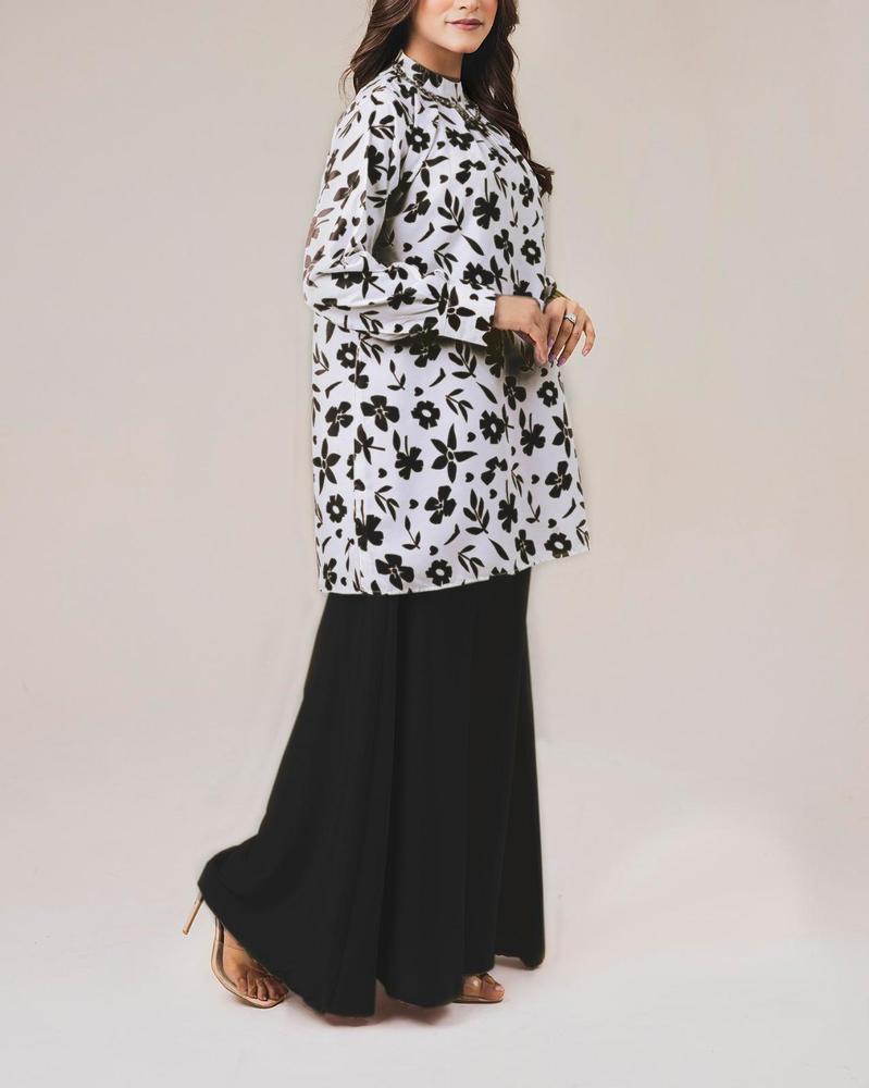 Black and white floral lawn kurta trouser set alternate view